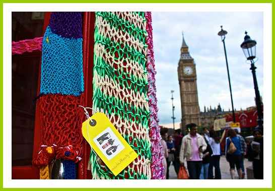 Yarn bombing - telephone box in London